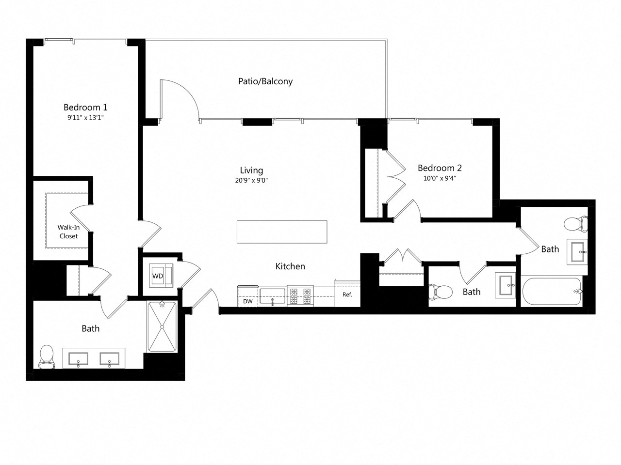 Floor plan for 2 beds, 2.5 baths, 1132 sqft
